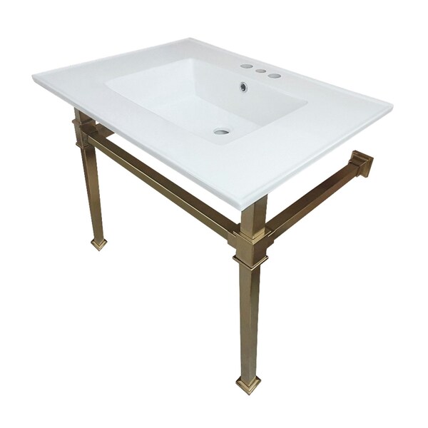 Kingston Brass KVPB31224Q7 31-Inch Ceramic Console Sink (4" Faucet Drilling), White/Brushed Brass KVPB31224Q7 - main
